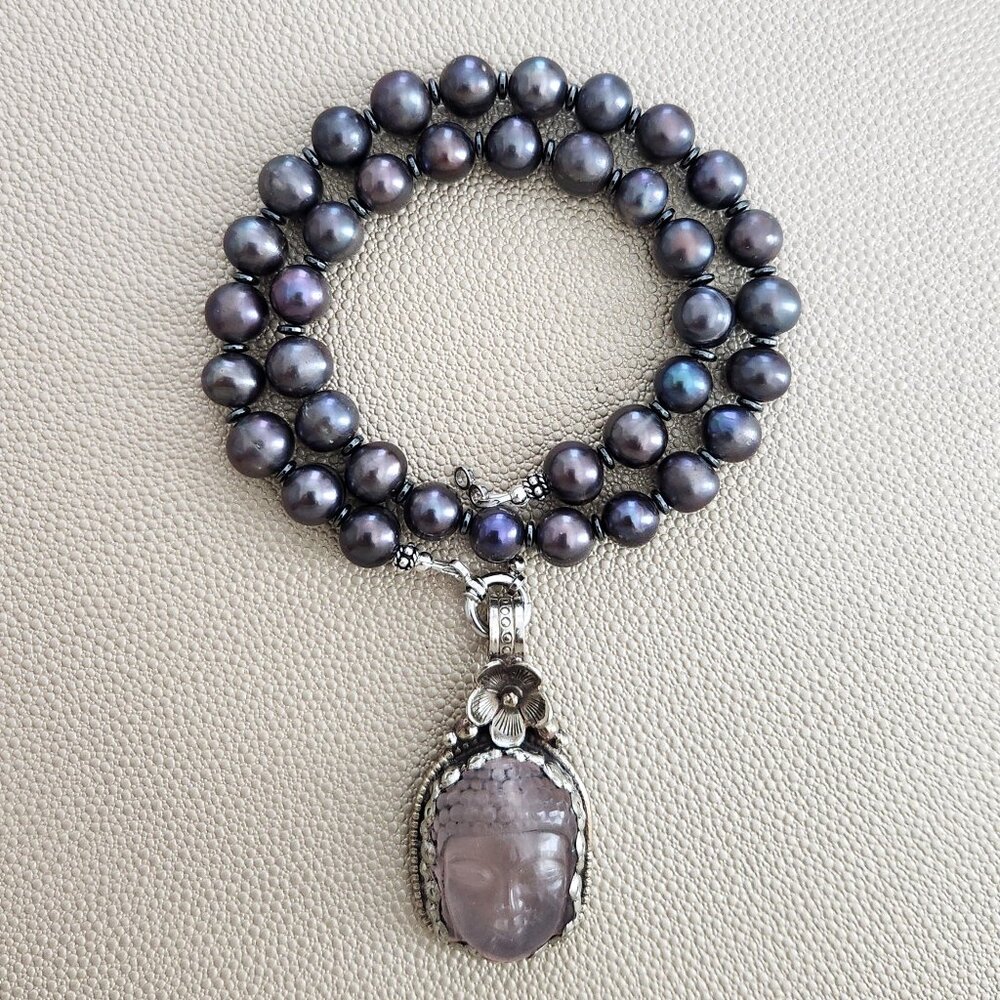 PEACOCK PEARL NECKLACE W/ BUDDHA PENDANT--16"
